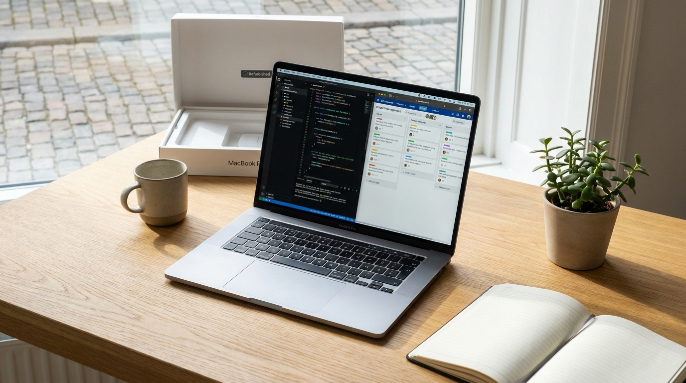 MacBook med Split View og Stage Manager aktiv